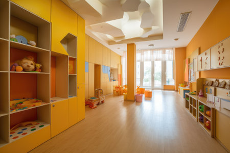 modern, futuristic-style kindergarten interior, designed to offer a cutting-edge learning environment for young children. It may feature innovative learning tools and technologies, as well as colorful and playful decor. Generative AIの素材