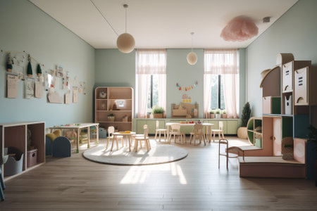 modern, futuristic-style kindergarten interior, designed to offer a cutting-edge learning environment for young children. It may feature innovative learning tools and technologies, as well as colorful and playful decor. Generative AIの素材