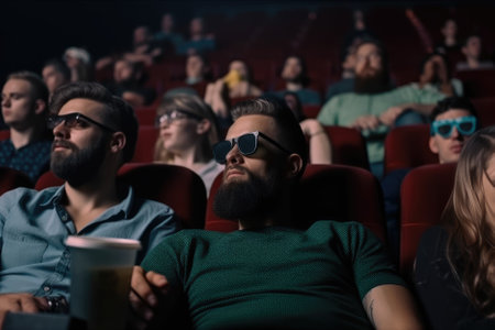 people watching a movie in a cinema, with some sitting comfortably in their seats while others may be holding snacks or drinks. It aims to capture the atmosphere of a communal movie-watching experience in a darkened theater. Generative AIの素材