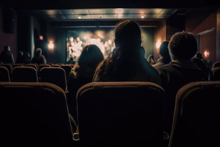 people watching a movie in a cinema, with some sitting comfortably in their seats while others may be holding snacks or drinks back view. It aims to capture the atmosphere of a communal movie-watching experience in a darkened theater. Generative AIの素材