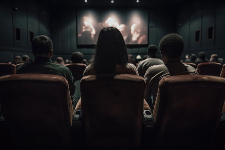 people watching a movie in a cinema, with some sitting comfortably in their seats while others may be holding snacks or drinks back view. It aims to capture the atmosphere of a communal movie-watching experience in a darkened theater. Generative AIの素材