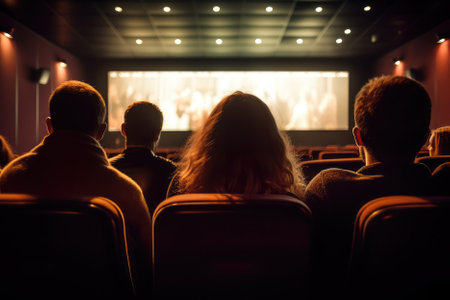 people watching a movie in a cinema, with some sitting comfortably in their seats while others may be holding snacks or drinks back view. It aims to capture the atmosphere of a communal movie-watching experience in a darkened theater. Generative AIの素材