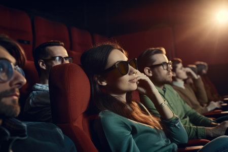 people watching a movie in a cinema, with some sitting comfortably in their seats while others may be holding snacks or drinks. It aims to capture the atmosphere of a communal movie-watching experience in a darkened theater. Generative AIの素材