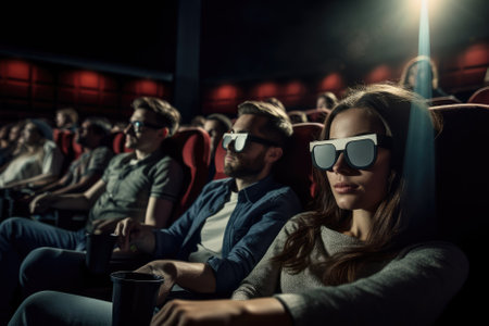people watching a movie in a cinema, with some sitting comfortably in their seats while others may be holding snacks or drinks. It aims to capture the atmosphere of a communal movie-watching experience in a darkened theater. Generative AIの素材