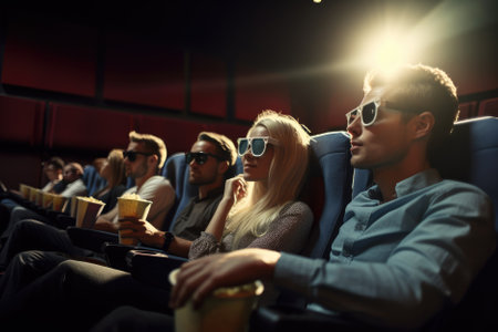 people watching a movie in a cinema, with some sitting comfortably in their seats while others may be holding snacks or drinks. It aims to capture the atmosphere of a communal movie-watching experience in a darkened theater. Generative AIの素材