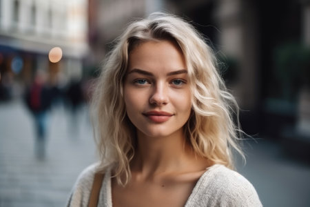 The portrait of a young pretty woman captures her beauty and youth through the skilled use of composition, lighting, and expression. AI Generativeの素材