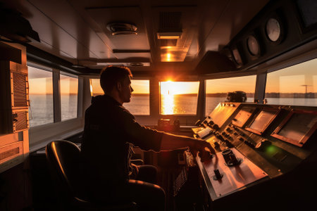 A cargo ship captain in the wheelhouse is responsible for navigating the ship through various waterways and ensuring the safe transportation of goods. generative AIの素材