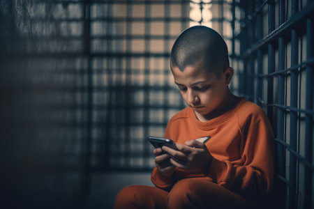 child sitting in an iron cage with a smartphone portrays the potential danger of technology addiction in children. The image highlights the need for parents and caregivers to monitor and limit children's exposure to electronic devices for their physical and mental well-being. Generative AIの素材