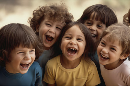A crowd of laughing children is a heartwarming sight that represents the pure joy and carefree spirit of childhood. It reminds us of the importance of play and laughter, and the simple pleasures that can bring happiness to our lives. Generative AIの素材