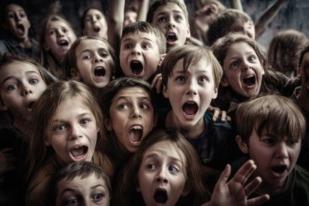 A crowd of screaming children can be a chaotic and overwhelming experience, as the high-pitched and piercing sounds can be difficult to tolerate. While it may be challenging to manage, it's important to remember that these children are likely expressing their excitement and enthusiasm, and with proper guidance, their energy can be channeled into positive experiences. Generative AIの素材