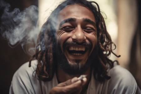young man with dreadlocks who is smoking a marijuana joint and laughing. AI Generativeの素材