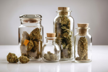 dried marijuana stored in glass jars within a laboratory environment, likely for research purposes. It emphasizes the scientific investigation of cannabis and its potential uses, highlighting the growing interest in this field of study. AI Generativeの素材