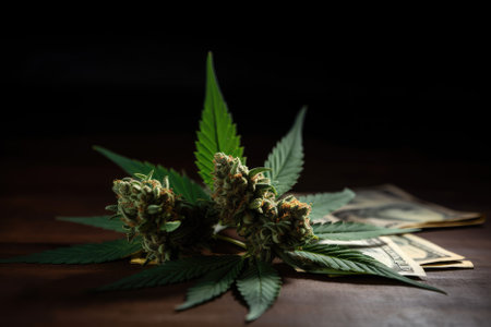 green marijuana leaves and inflorescences under which lies several dollar bills, symbolizing the drug trade on the illegal black market. AI Generativeの素材