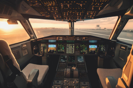 The cockpit of an airliner at sunset is a serene and tranquil sight, with the orange-red hues of the sun setting over the horizon. AI Generativeの素材