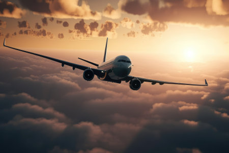 airliner soars high in the sky. The warm colors of the sky complement the sleek design of the airplane, creating a breathtaking sight that inspires a sense of wonder and awe. AI Generativeの素材