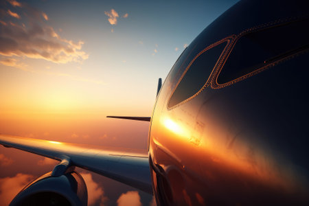 airliner soars high in the sky. The warm colors of the sky complement the sleek design of the airplane, creating a breathtaking sight that inspires a sense of wonder and awe. AI Generativeの素材