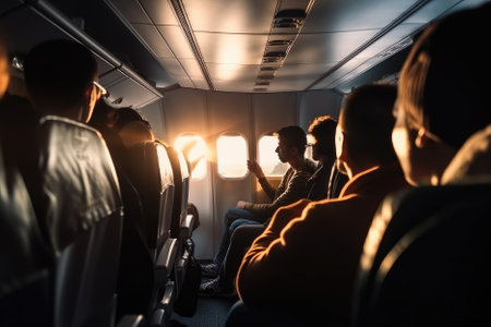 Passengers inside the airliner at sunset are getting comfortable for their journey ahead. The cabin lights are dimmed, creating a relaxing atmosphere for the passengers to unwind and enjoy the flight. Generative AIの素材