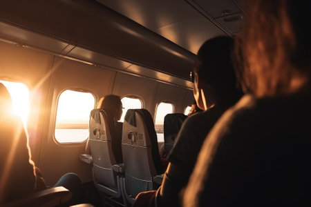 Passengers inside the airliner at sunset are getting comfortable for their journey ahead. The cabin lights are dimmed, creating a relaxing atmosphere for the passengers to unwind and enjoy the flight. Generative AIの素材