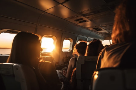 Passengers inside the airliner at sunset are getting comfortable for their journey ahead. The cabin lights are dimmed, creating a relaxing atmosphere for the passengers to unwind and enjoy the flight. Generative AIの素材