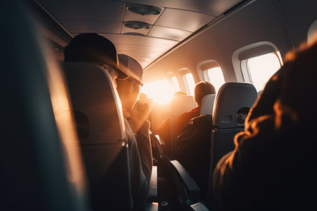 Passengers inside the airliner at sunset are getting comfortable for their journey ahead. The cabin lights are dimmed, creating a relaxing atmosphere for the passengers to unwind and enjoy the flight. Generative AIの素材
