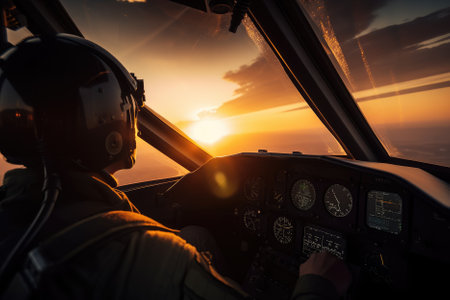 he pilot of a fighter jet skillfully maneuvers through the sky during the sunset. With focus and expertise, they navigate the aircraft. AI Generativeの素材