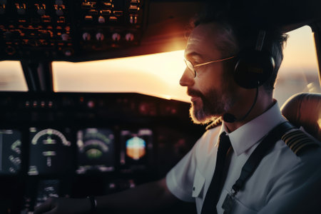 A pilot of an airliner at sunset is an experienced and responsible professional who must navigate the aircraft safely through changing lighting and weather conditions to ensure a smooth and secure flight for passengers. AI Generativeの素材