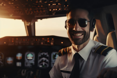 Two pilots looking at the camera in the cockpit of an airliner at sunset are a team of skilled professionals responsible for safely flying the aircraft during the evening hours. They must work together to navigate changing lighting and weather conditions, communicate effectively, and make critical decisions to ensure a smooth and secure flight for passengers. Generative AIの素材