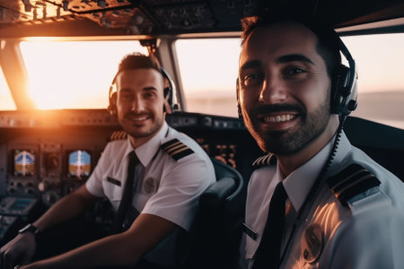 Two pilots looking at the camera in the cockpit of an airliner at sunset are a team of skilled professionals responsible for safely flying the aircraft during the evening hours. They must work together to navigate changing lighting and weather conditions, communicate effectively, and make critical decisions to ensure a smooth and secure flight for passengers. Generative AIの素材
