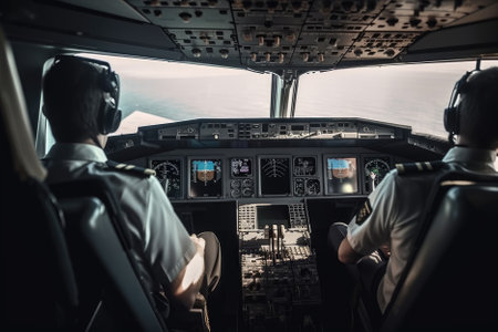 Two pilots in the cockpit of an airliner at sunset are a team of skilled professionals responsible for safely flying the aircraft during the evening hours. They must work together to navigate changing lighting and weather conditions, communicate effectively, and make critical decisions to ensure a smooth and secure flight for passengers. Generative AIの素材