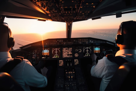 Two pilots in the cockpit of an airliner at sunset are a team of skilled professionals responsible for safely flying the aircraft during the evening hours. They must work together to navigate changing lighting and weather conditions, communicate effectively, and make critical decisions to ensure a smooth and secure flight for passengers. Generative AIの素材