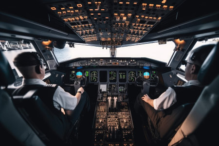 Two pilots in the cockpit of an airliner at sunset are a team of skilled professionals responsible for safely flying the aircraft during the evening hours. They must work together to navigate changing lighting and weather conditions, communicate effectively, and make critical decisions to ensure a smooth and secure flight for passengers. Generative AIの素材