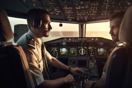 Two pilots in the cockpit of an airliner at sunset are a team of skilled professionals responsible for safely flying the aircraft during the evening hours. They must work together to navigate changing lighting and weather conditions, communicate effectively, and make critical decisions to ensure a smooth and secure flight for passengers. Generative AIの素材