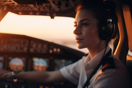 A woman pilot in the cockpit of an airliner at sunset is a skilled professional responsible for safely flying the aircraft during the evening hours. AI Generativeの素材