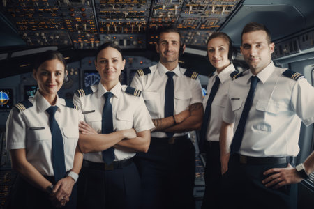 The team of pilots and flight attendants stand with the airplane in the background, responsible for ensuring a safe and comfortable flight. They work together to navigate, attend to passengers, and make critical decisions in emergencies. Generative AIの素材