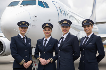 The team of pilots and flight attendants stand with the airplane in the background, responsible for ensuring a safe and comfortable flight. They work together to navigate, attend to passengers, and make critical decisions in emergencies. Generative AIの素材