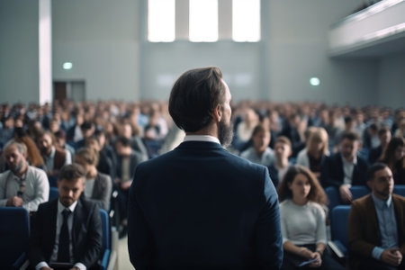 man speaking to a full audience, offering a glimpse of his stage presence and the event's dynamics. Back view. It provides perspective on the scale of the audience and the speaker's engagement. Generative AIの素材