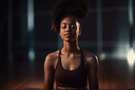 A black woman in a yoga class sits in a meditative pose, finding peace and tranquility in her surroundings. She is focused on her breathing, calming her mind and body, and embracing the present moment. Generative AIの素材