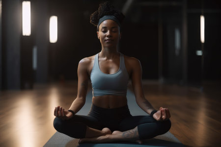 A black woman in a yoga class sits in a meditative pose, finding peace and tranquility in her surroundings. She is focused on her breathing, calming her mind and body, and embracing the present moment. Generative AIの素材
