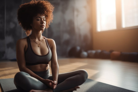 A black woman in a yoga class sits in a meditative pose, finding peace and tranquility in her surroundings. She is focused on her breathing, calming her mind and body, and embracing the present moment. Generative AIの素材