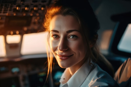 A woman pilot in the cockpit of an airliner at sunset is a skilled professional responsible for safely flying the aircraft during the evening hours. AI Generativeの素材