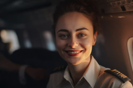 A smiling stewardess in the cabin of an airliner at sunset welcomes passengers on board and creates a warm and friendly atmosphere. Her cheerful demeanor and attention to safety make for a pleasant and reassuring flight experience for all. Generative AIの素材