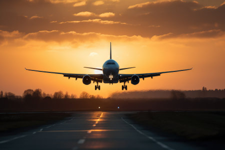 airliner soars high in the sky. The warm colors of the sky complement the sleek design of the airplane, creating a breathtaking sight that inspires a sense of wonder and awe. AI Generativeの素材