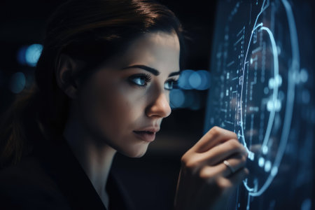 close-up view of a woman who works with modern artificial intelligence (AI) technology, set in a futuristic style environment. The man may be programming, coding, or interacting with AI in some way. AI Generativeの素材