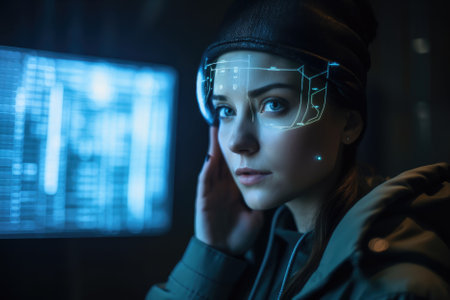 close-up view of a woman who works with modern artificial intelligence (AI) technology, set in a futuristic style environment. The man may be programming, coding, or interacting with AI in some way. AI Generativeの素材