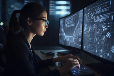 close-up view of a woman who works with modern artificial intelligence (AI) technology, set in a futuristic style environment. The man may be programming, coding, or interacting with AI in some way. AI Generativeの素材