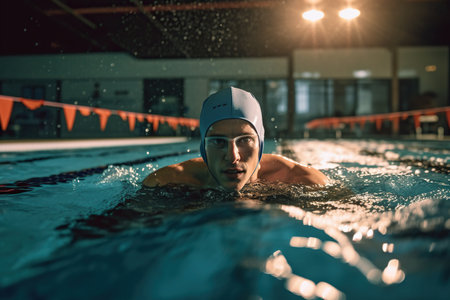 determined man who is training for swimming as an athlete. He is likely to be highly focused and dedicated, putting in significant effort and time to achieve his goals in the sport. Generative AIの素材