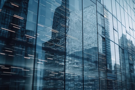 background of futuristic urban and corporate architecture, featuring a real estate idea captured through bokeh, motion blur, and a reflection on a skyscraper facade at sunset. The image is likely to convey a sense of innovation and progress in the real estate and construction industries. Generative AIの素材