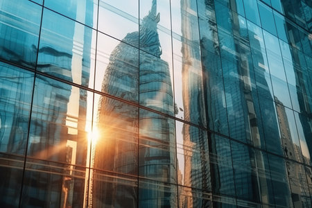 background of futuristic urban and corporate architecture, featuring a real estate idea captured through bokeh, motion blur, and a reflection on a skyscraper facade at sunset. The image is likely to convey a sense of innovation and progress in the real estate and construction industries. Generative AIの素材