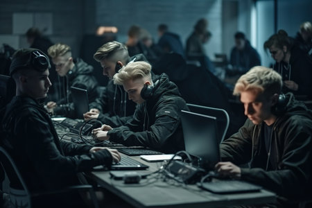 big army of hackers, who are working with laptops to perform various activities related to cyberattacks, espionage, or cybercrime. The image may convey a sense of organized and coordinated efforts of such groups, which can have serious implications for cybersecurity and digital privacy. Generative AIの素材