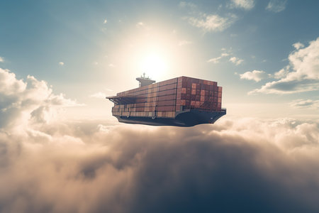 imaginative scenario of a container ship flying in the sky. Such a scene is unlikely to occur in reality, but it may evoke curiosity, wonder, or surprise among viewers, prompting them to imagine the possibilities of what can happen in the realm of science fiction or fantasy. Generative AIの素材